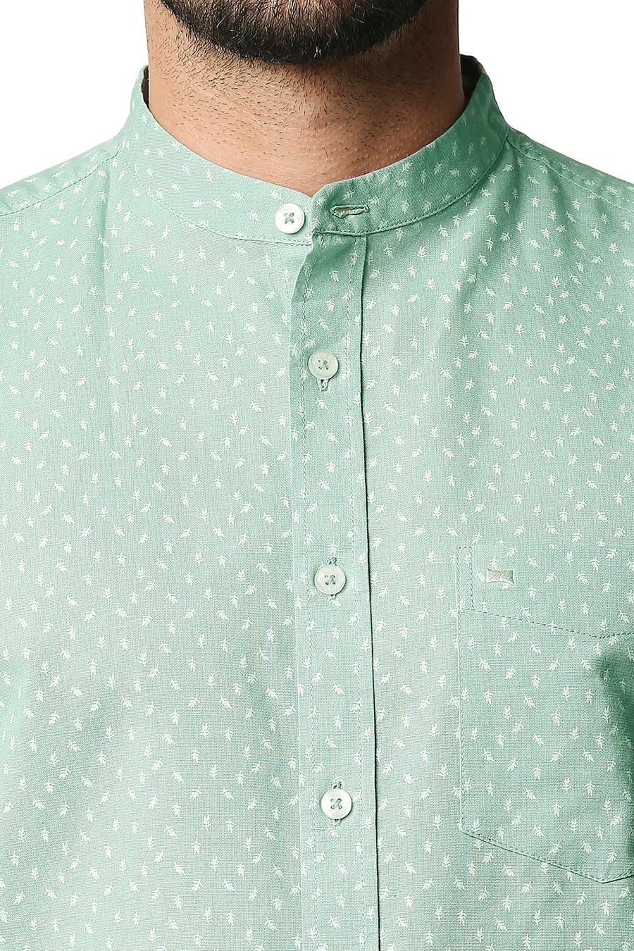 BASICS SLIM FIT LICHEN GREEN COTTON HEMP PRINTED SHIRT