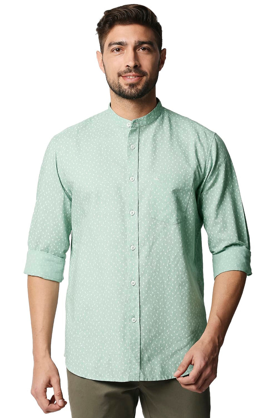 BASICS SLIM FIT LICHEN GREEN COTTON HEMP PRINTED SHIRT