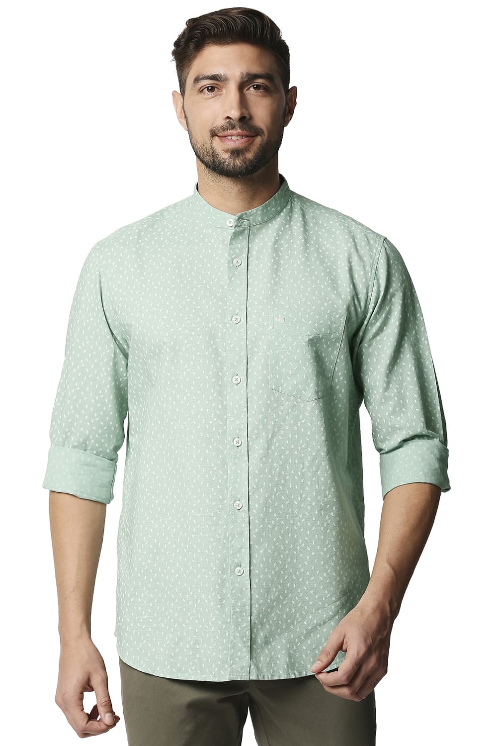 BASICS SLIM FIT COTTON HEMP PRINTED SHIRT