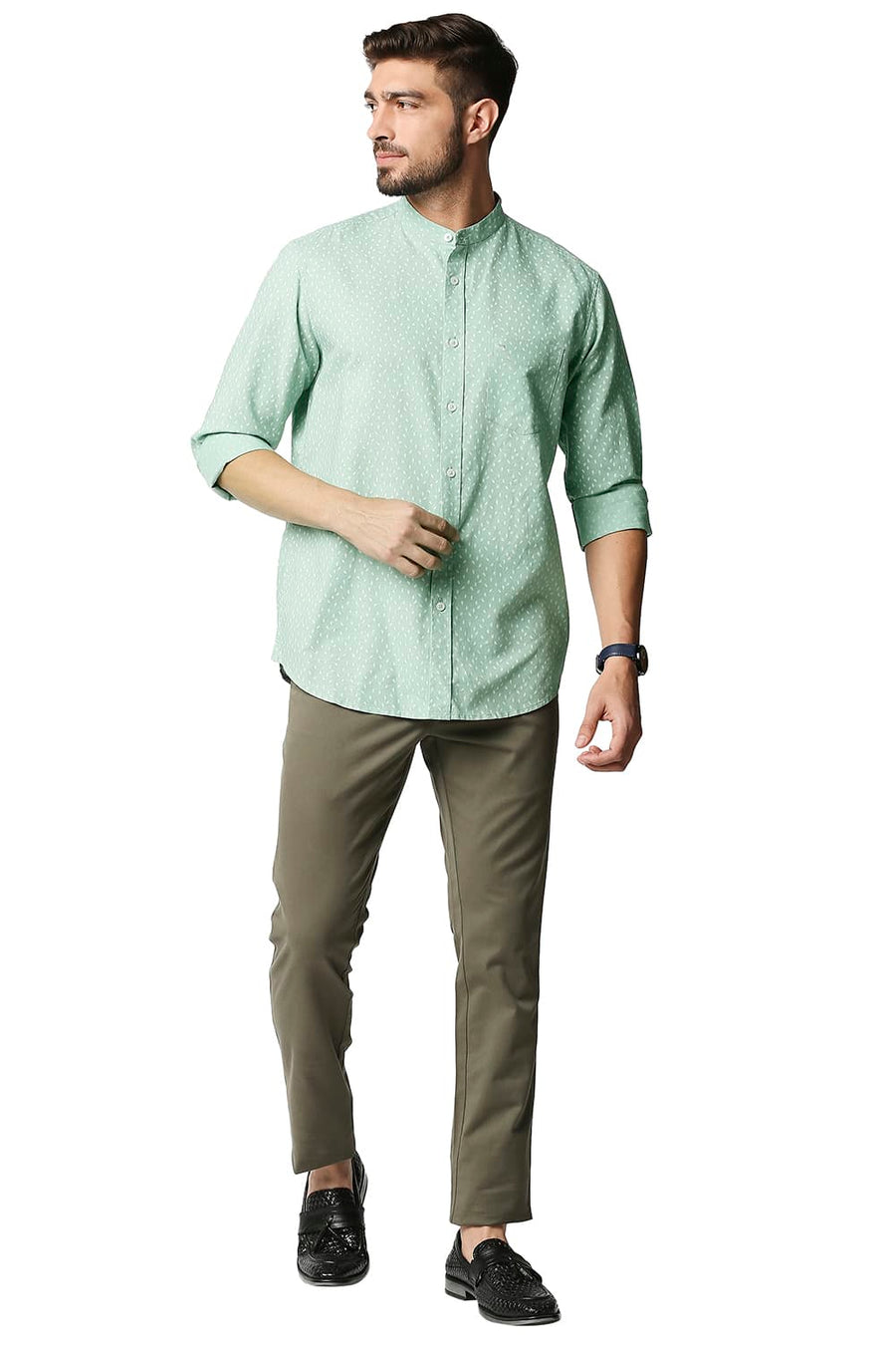 BASICS SLIM FIT LICHEN GREEN COTTON HEMP PRINTED SHIRT
