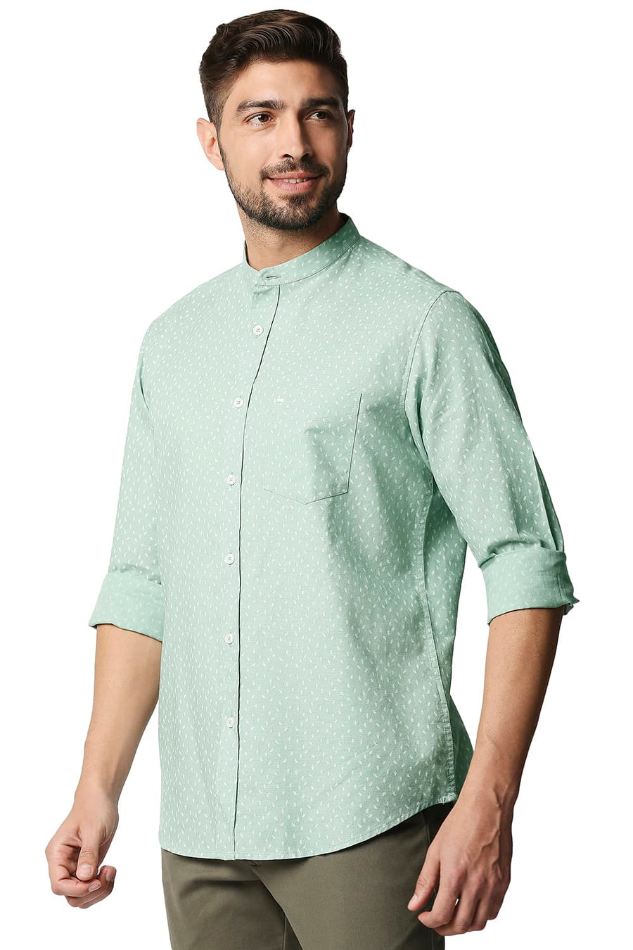 BASICS SLIM FIT LICHEN GREEN COTTON HEMP PRINTED SHIRT