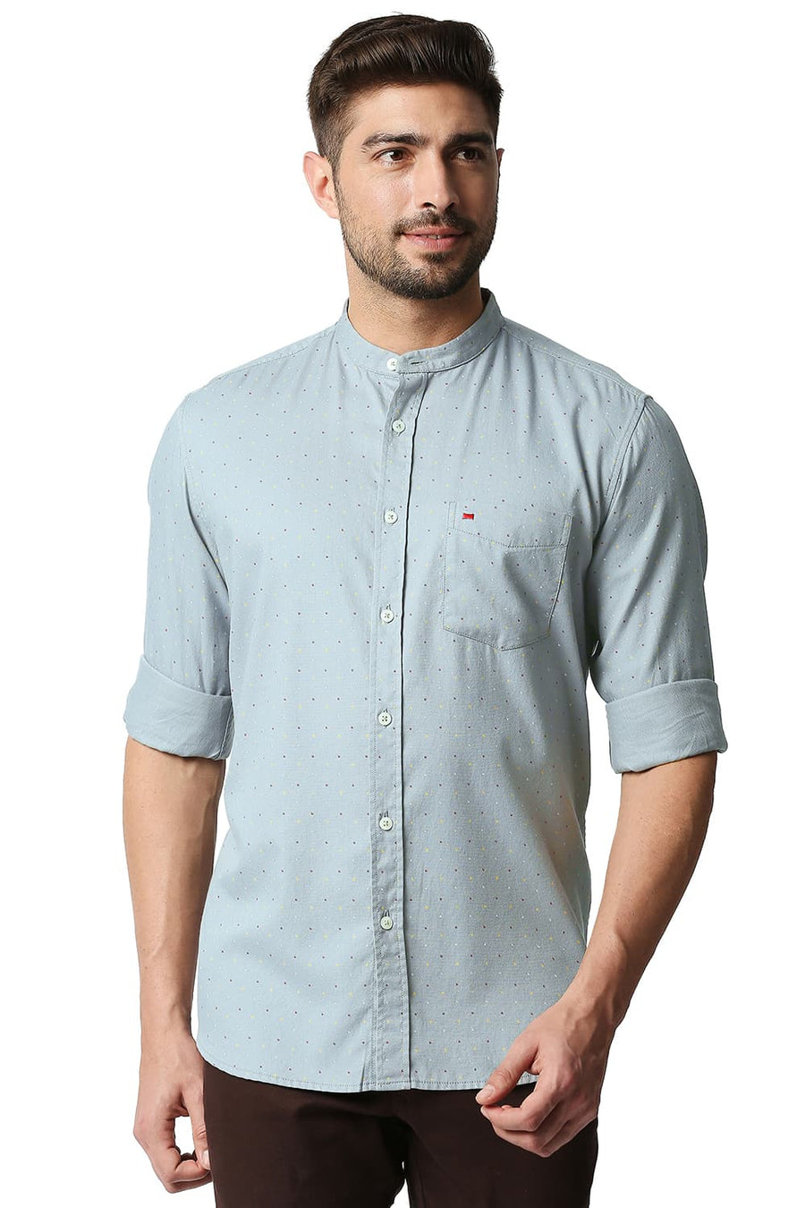 BASICS SLIM FIT QUARRY GREY DOBBY PRINTED SHIRT