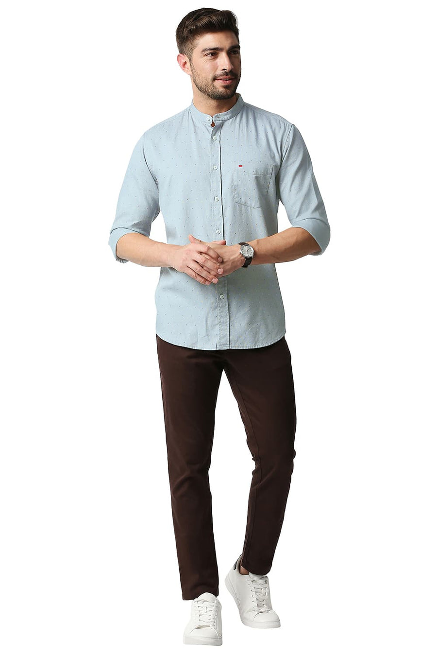 BASICS SLIM FIT QUARRY GREY DOBBY PRINTED SHIRT