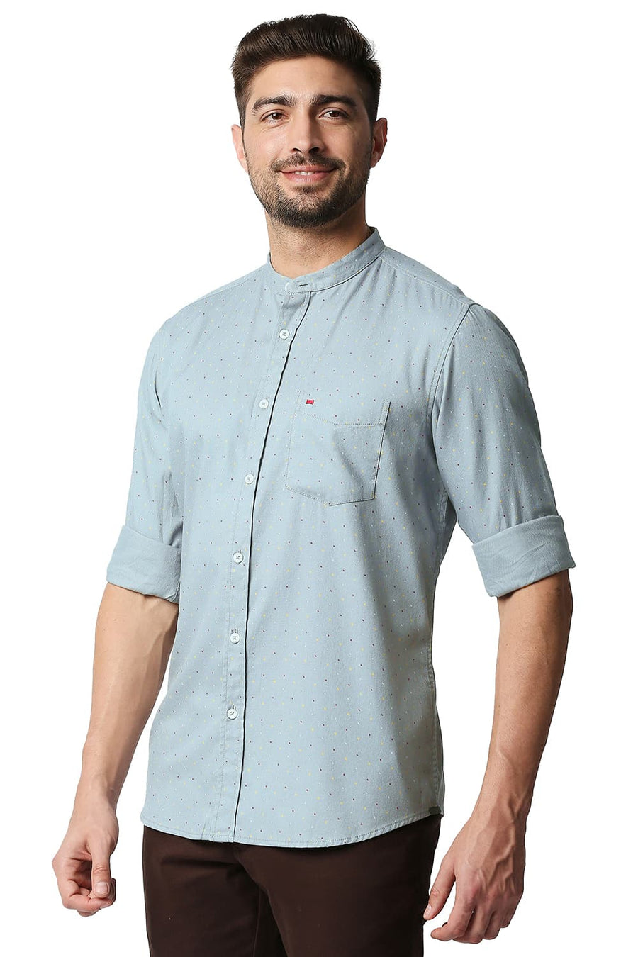 BASICS SLIM FIT QUARRY GREY DOBBY PRINTED SHIRT
