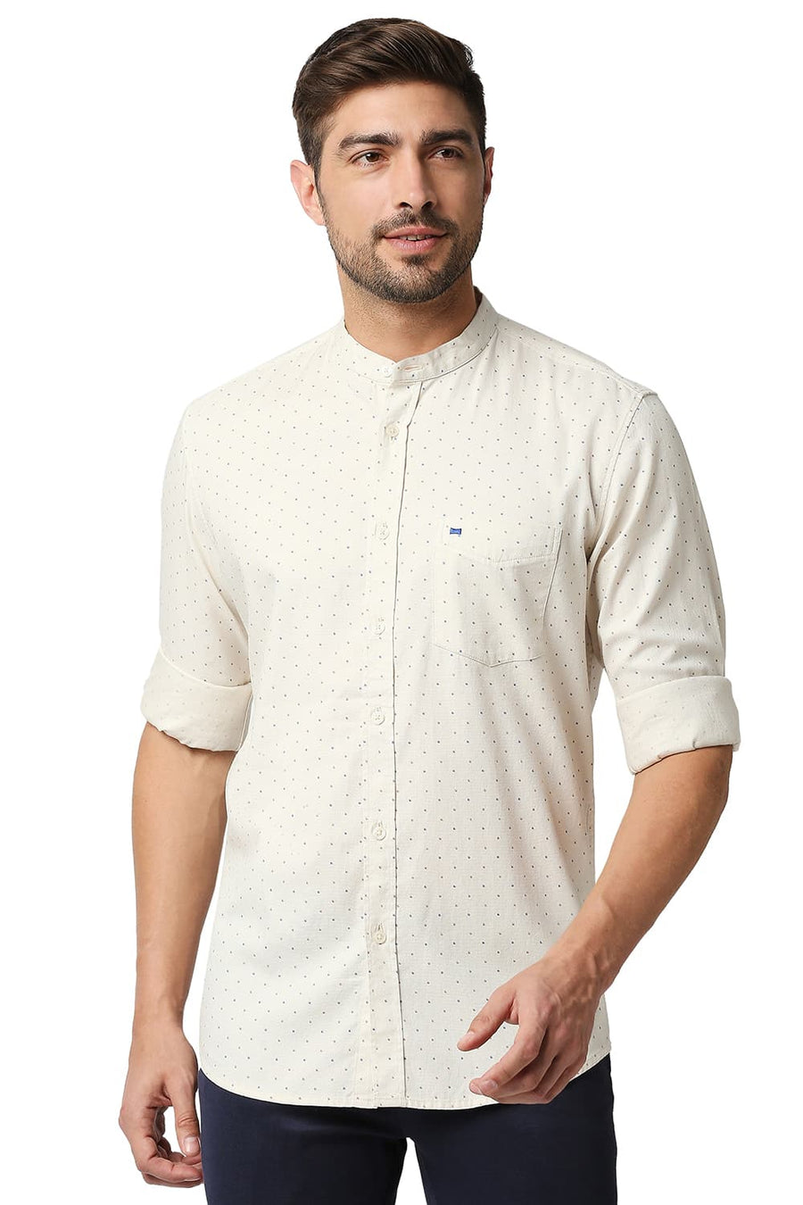 BASICS SLIM FIT CAP BEIGE DOBBY PRINTED SHIRT