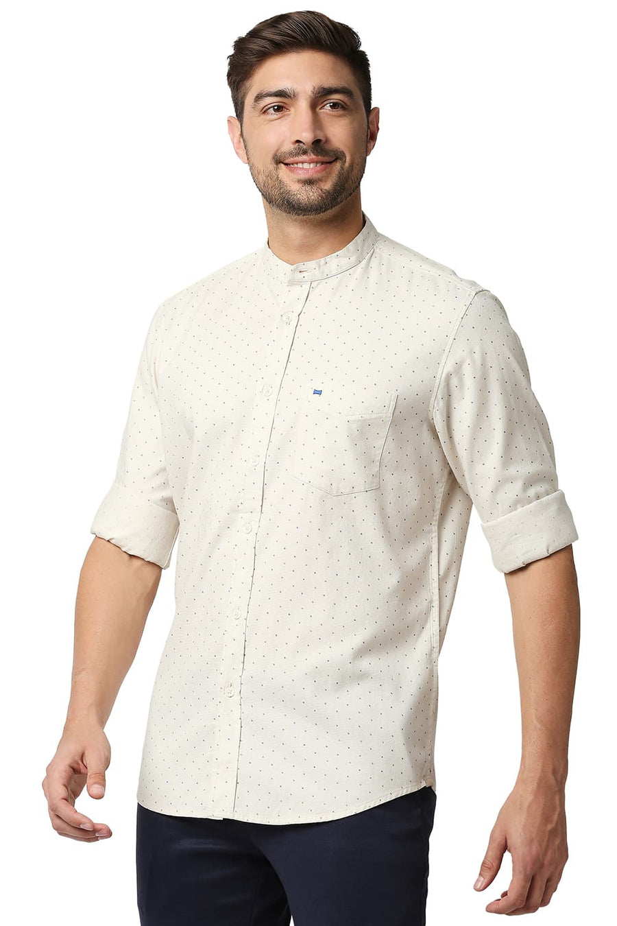 BASICS SLIM FIT CAP BEIGE DOBBY PRINTED SHIRT