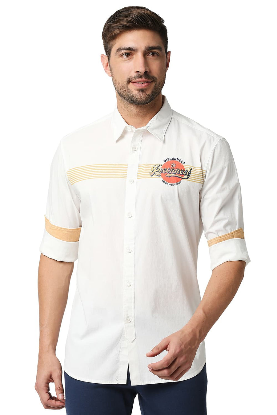 BASICS SLIM FIT LUCENT WHITE POPLIN LYCRA STRIPE SHIRT