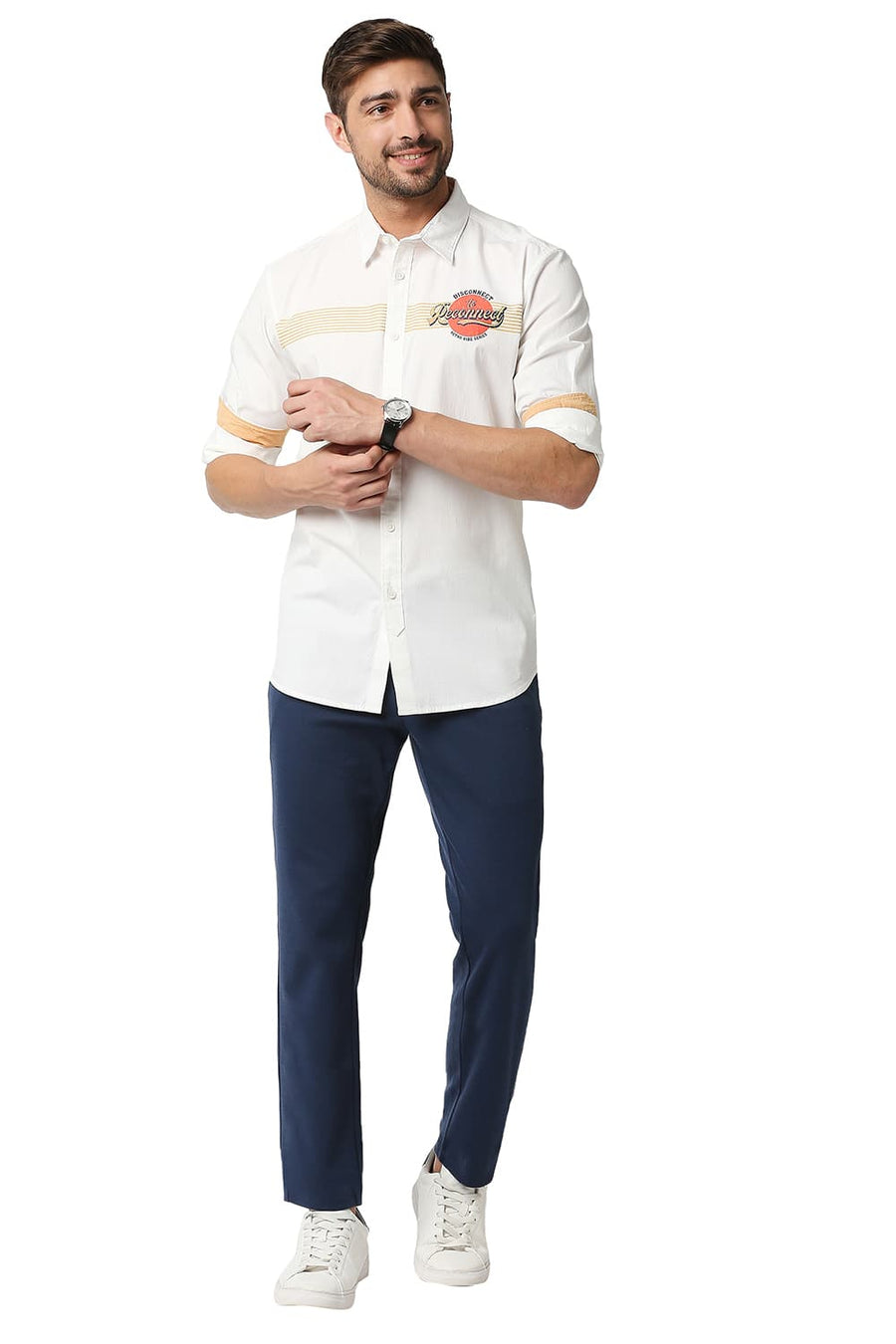BASICS SLIM FIT LUCENT WHITE POPLIN LYCRA STRIPE SHIRT