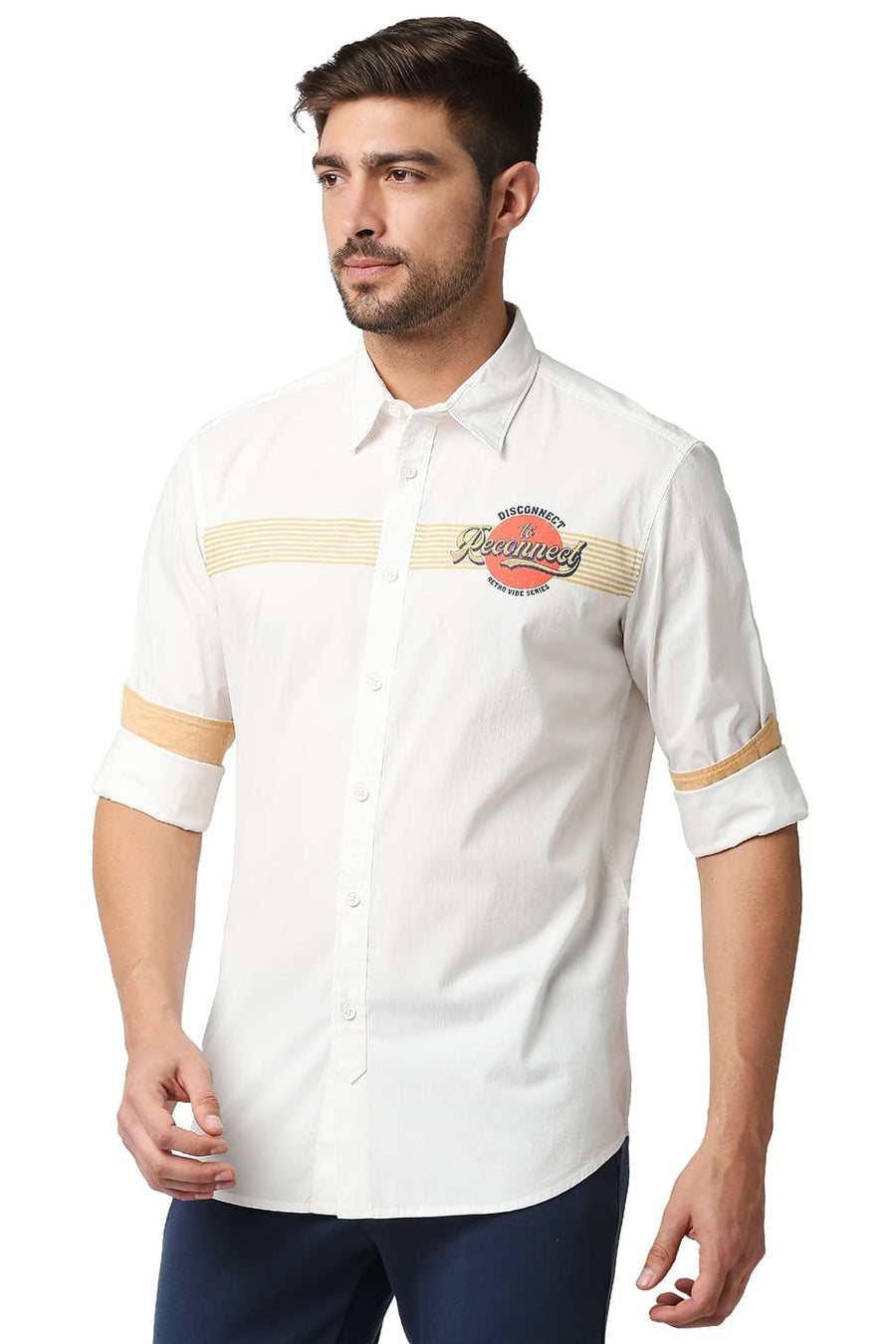 BASICS SLIM FIT LUCENT WHITE POPLIN LYCRA STRIPE SHIRT