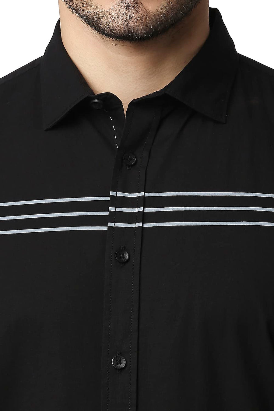 BASICS SLIM FIT BLACK NIGHT POPLIN STRETCH STRIPE SHIRT