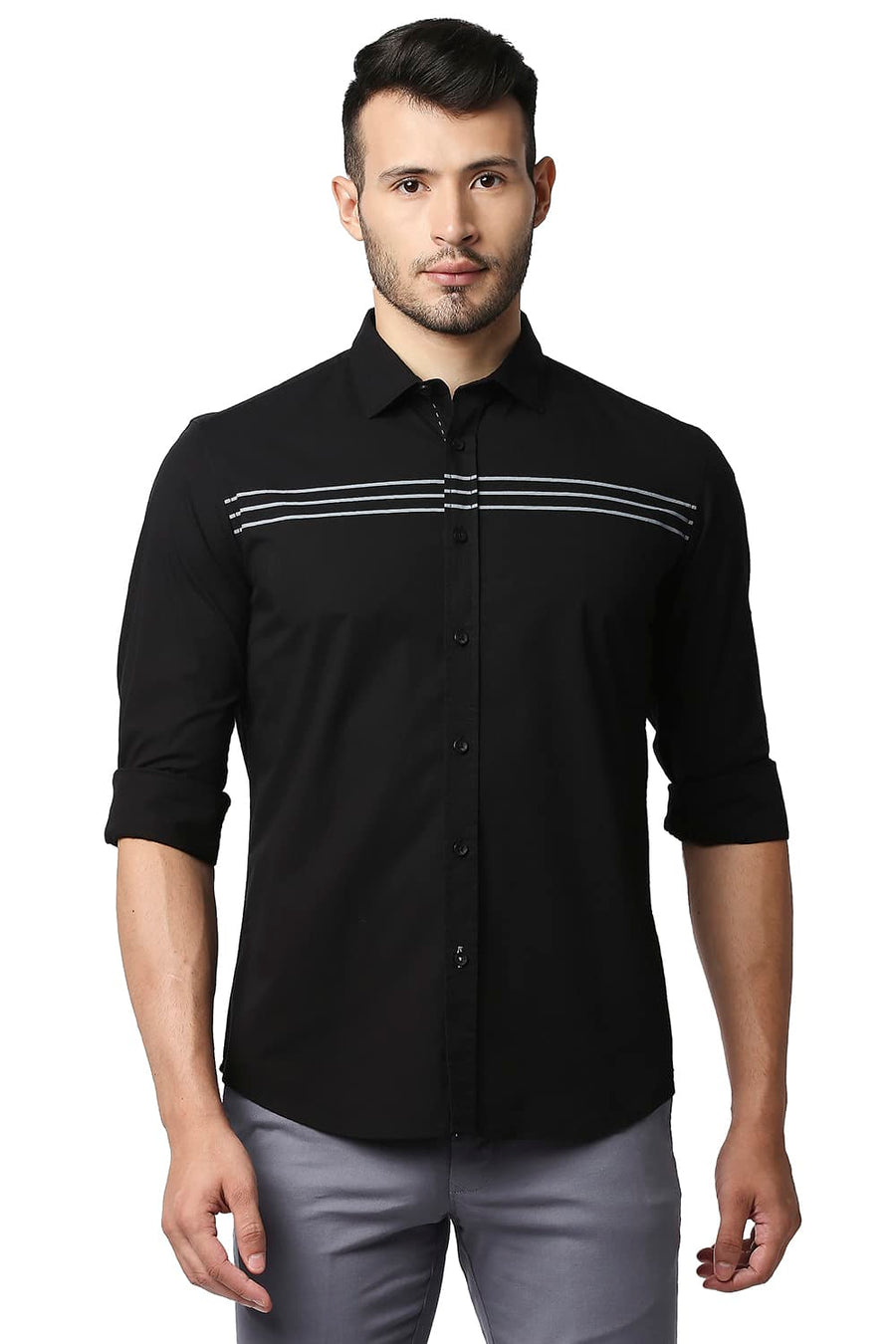 BASICS SLIM FIT BLACK NIGHT POPLIN STRETCH STRIPE SHIRT