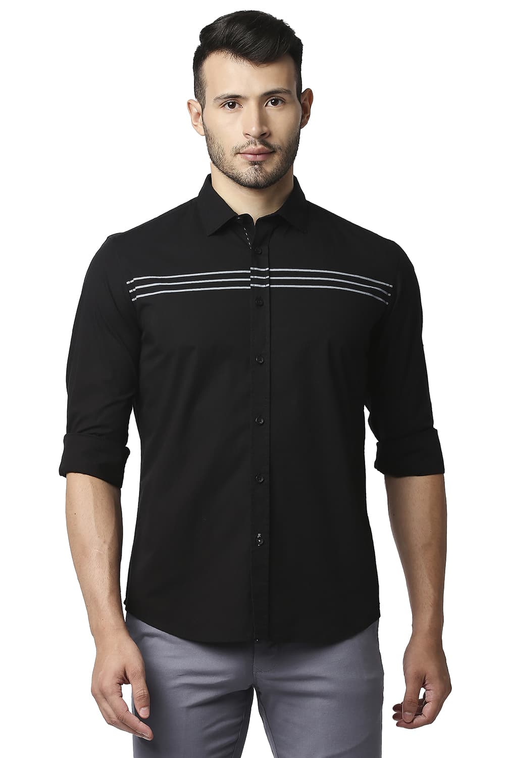 BASICS SLIM FIT POPLIN STRETCH STRIPE SHIRT