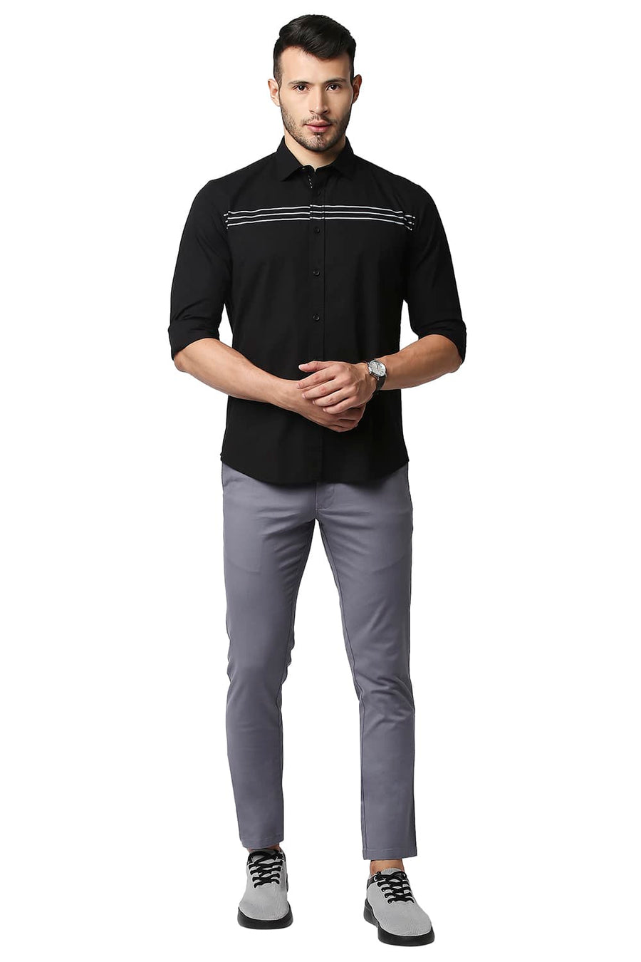 BASICS SLIM FIT BLACK NIGHT POPLIN STRETCH STRIPE SHIRT