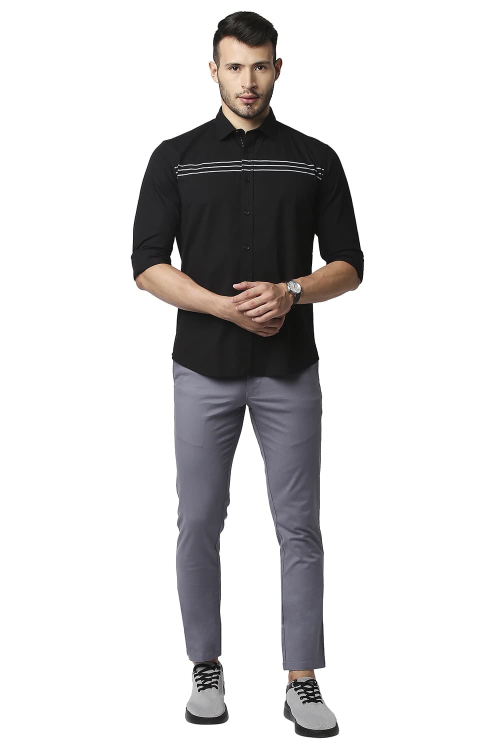 BASICS SLIM FIT POPLIN STRETCH STRIPE SHIRT