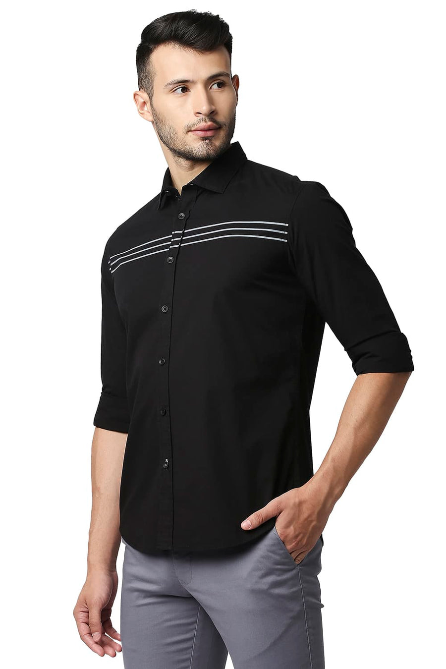 BASICS SLIM FIT BLACK NIGHT POPLIN STRETCH STRIPE SHIRT