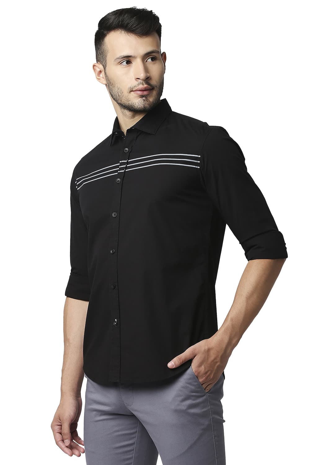 BASICS SLIM FIT POPLIN STRETCH STRIPE SHIRT