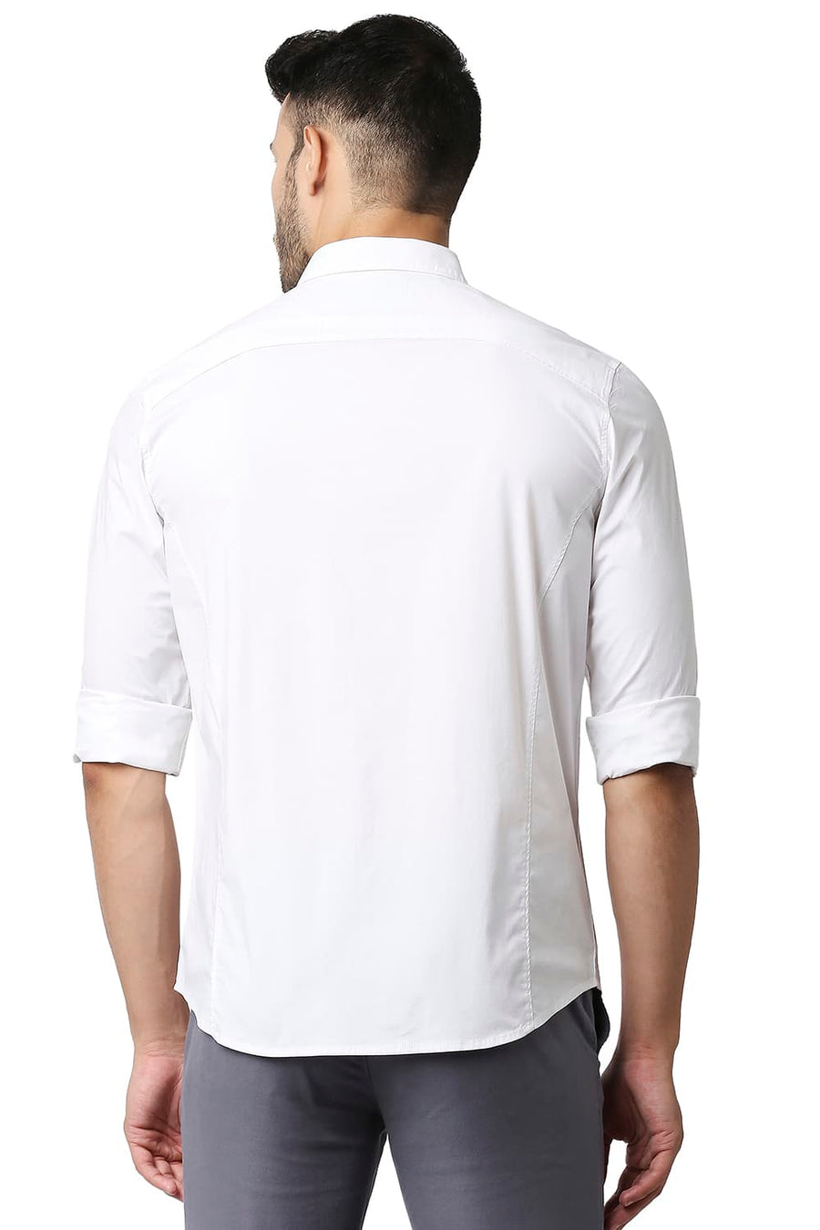 BASICS SLIM FIT BRIGHT WHITE POPLIN STRETCH STRIPE SHIRT
