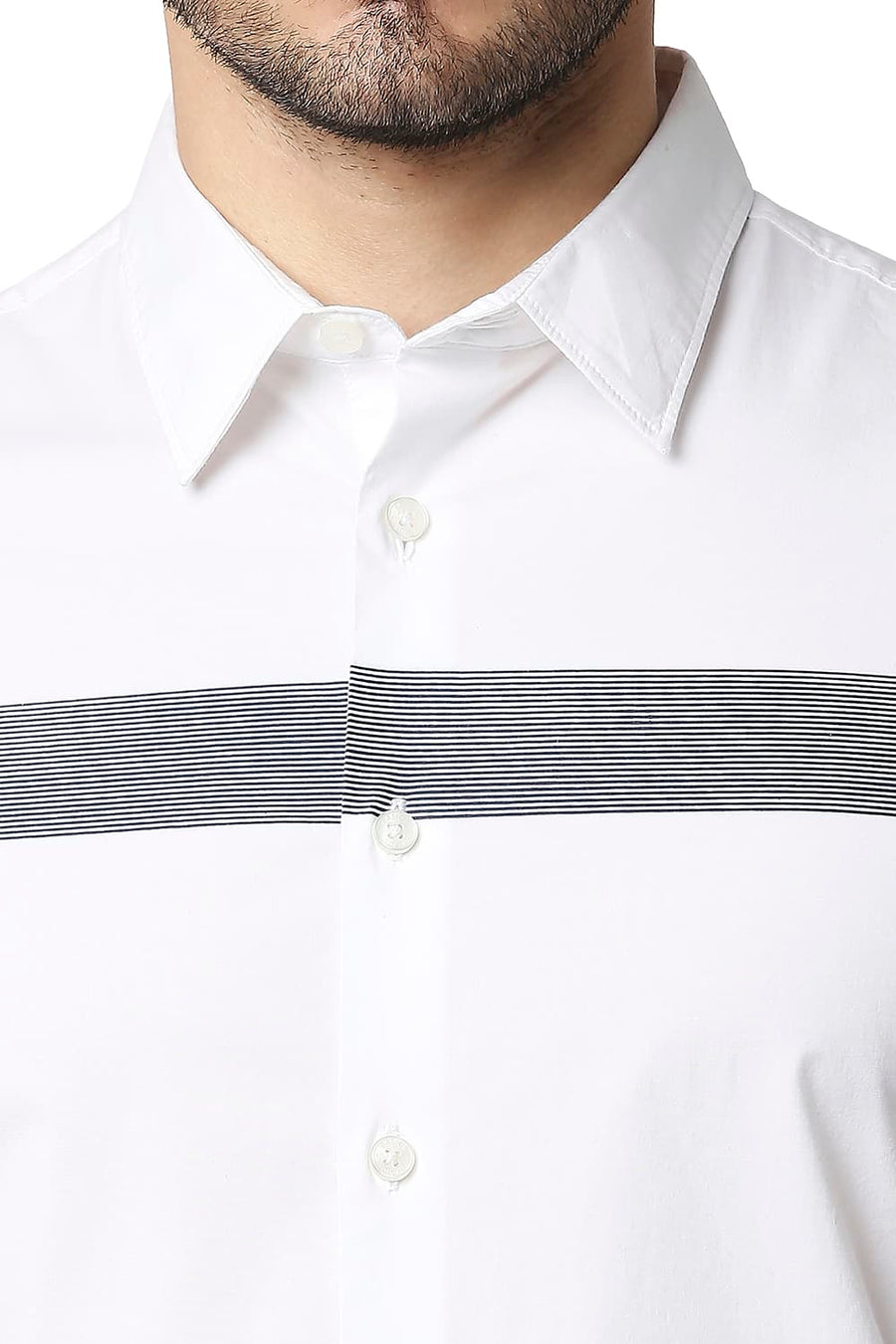 BASICS SLIM FIT BRIGHT WHITE POPLIN STRETCH STRIPE SHIRT