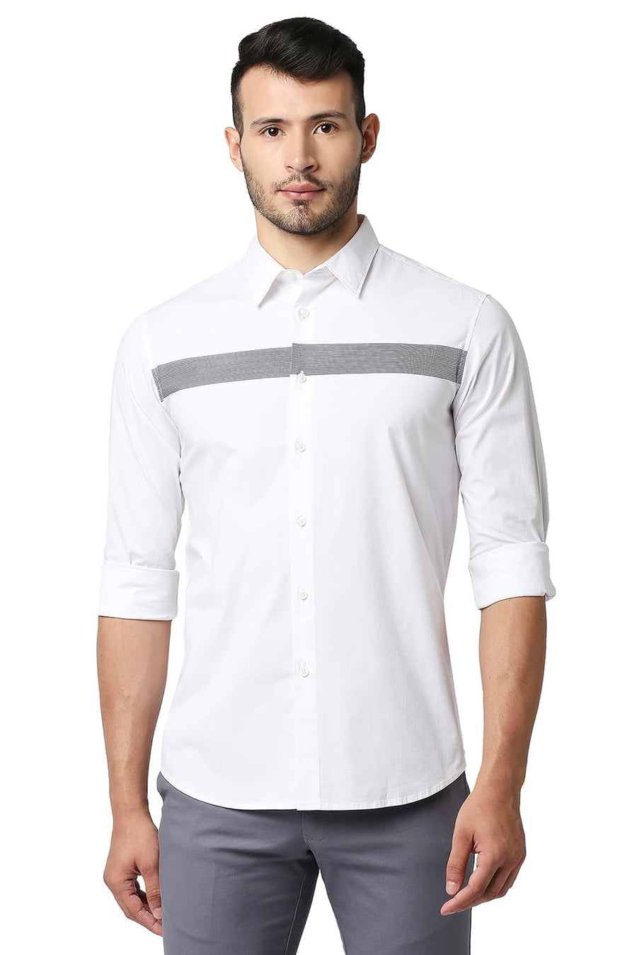 BASICS SLIM FIT BRIGHT WHITE POPLIN STRETCH STRIPE SHIRT