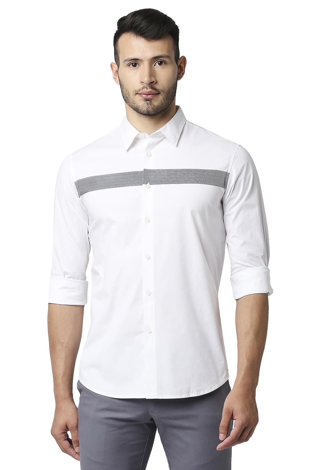 BASICS SLIM FIT POPLIN STRETCH STRIPE SHIRT