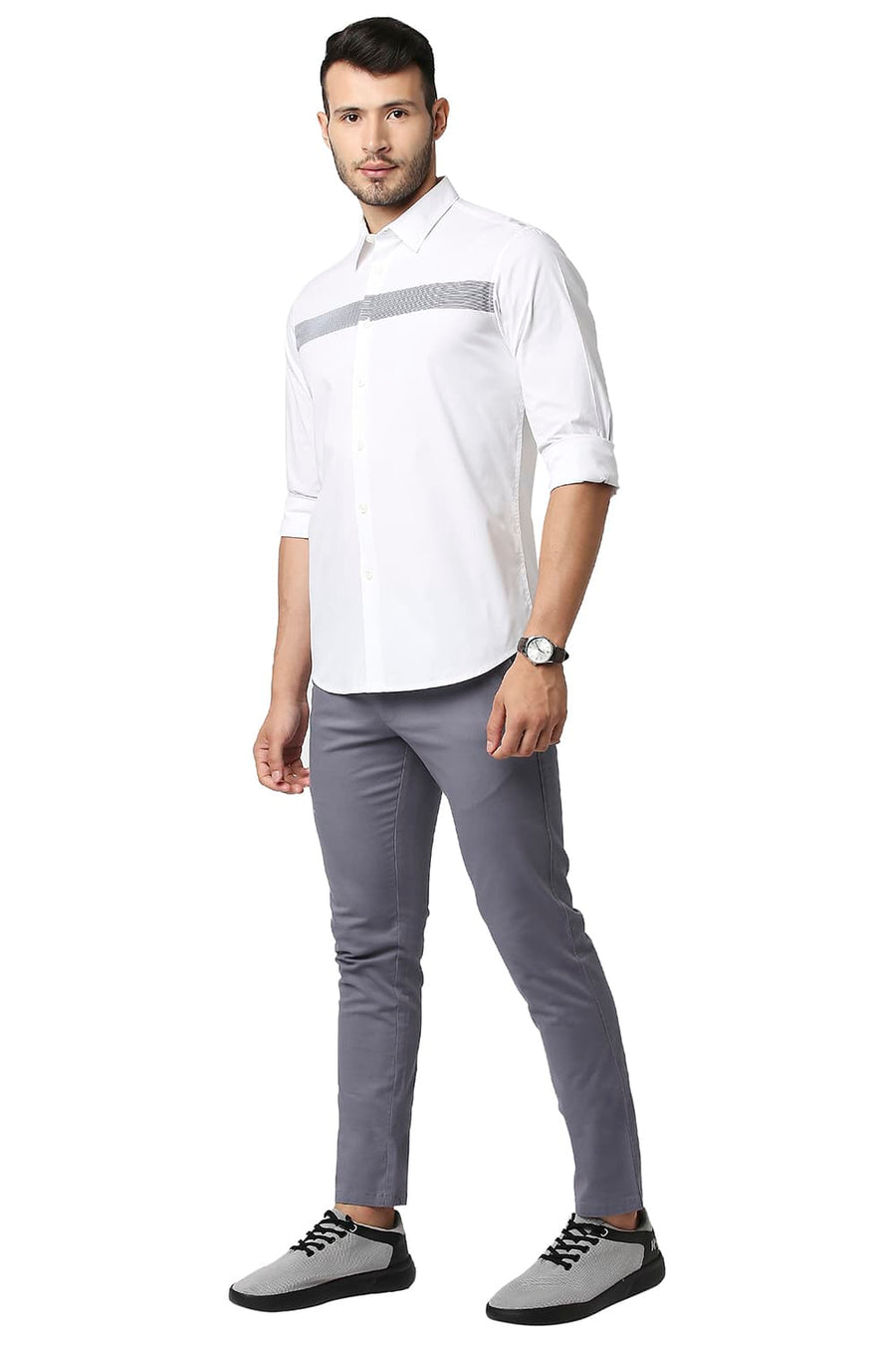 BASICS SLIM FIT BRIGHT WHITE POPLIN STRETCH STRIPE SHIRT