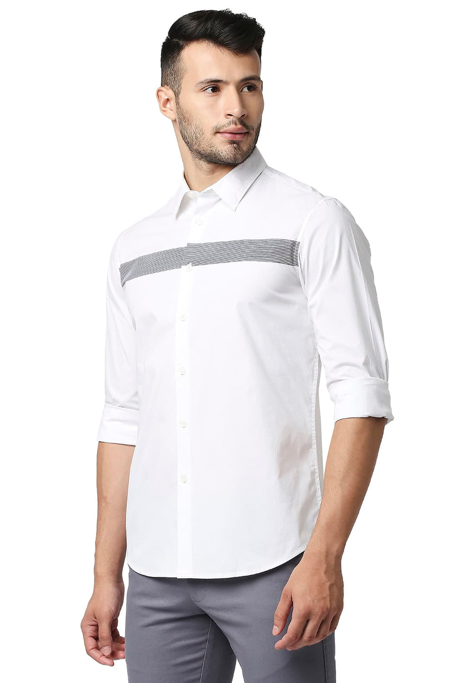 BASICS SLIM FIT BRIGHT WHITE POPLIN STRETCH STRIPE SHIRT