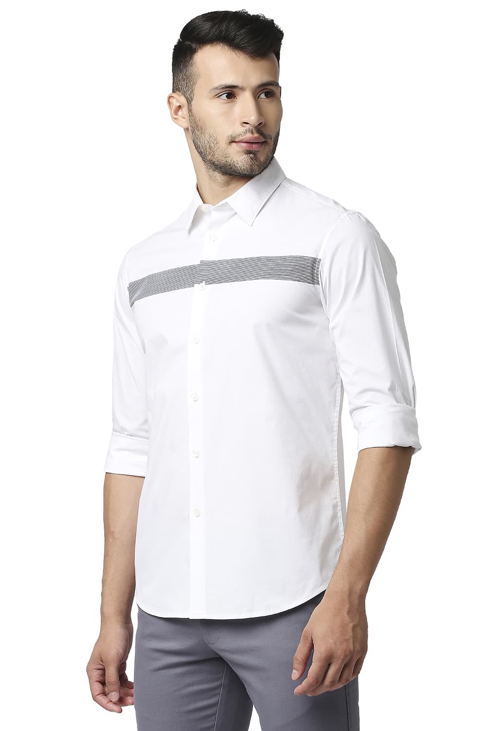 BASICS SLIM FIT POPLIN STRETCH STRIPE SHIRT