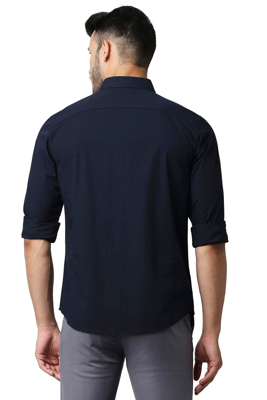 BASICS SLIM FIT NAVY NIGHTS POPLIN STRETCH STRIPE SHIRT