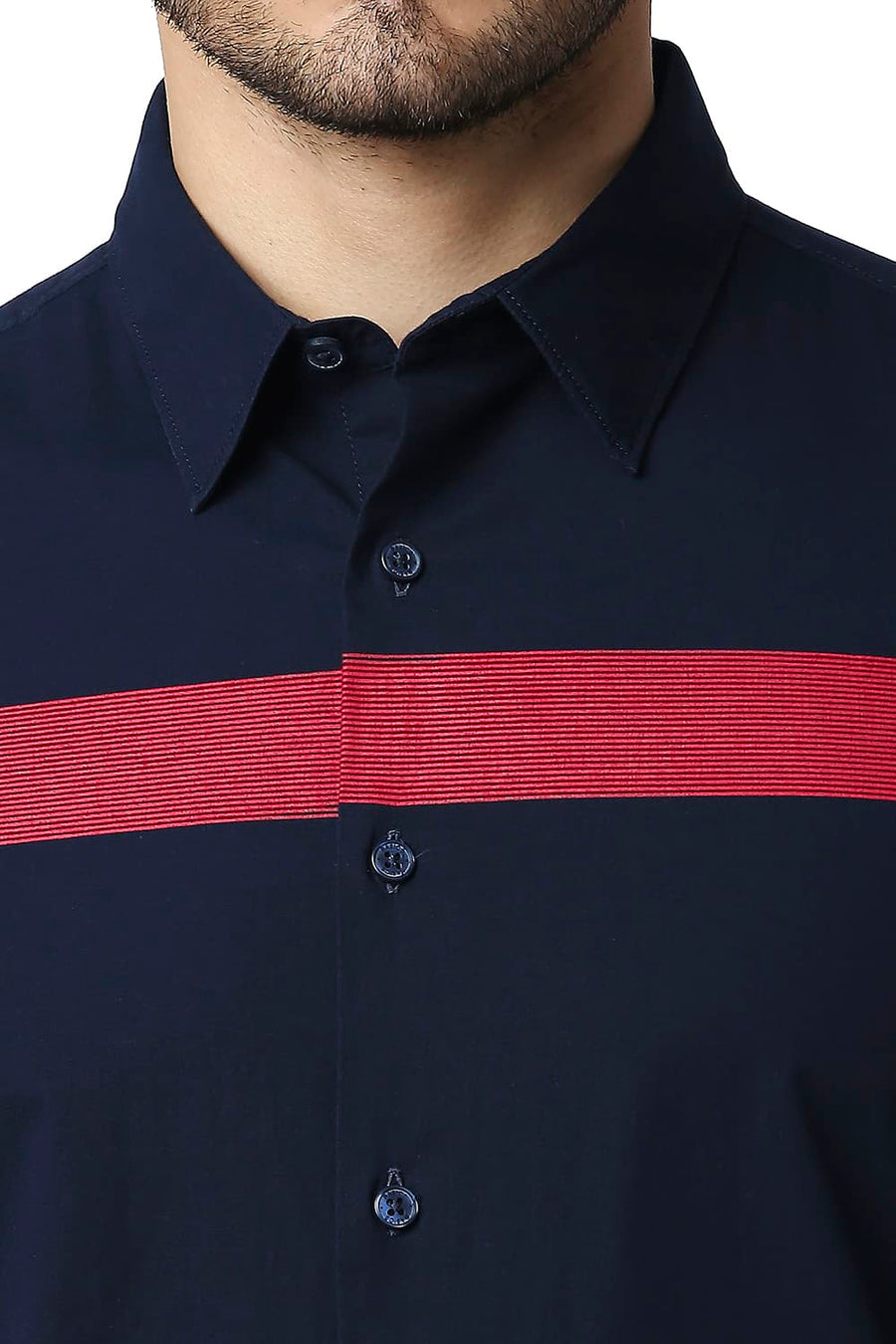 BASICS SLIM FIT NAVY NIGHTS POPLIN STRETCH STRIPE SHIRT