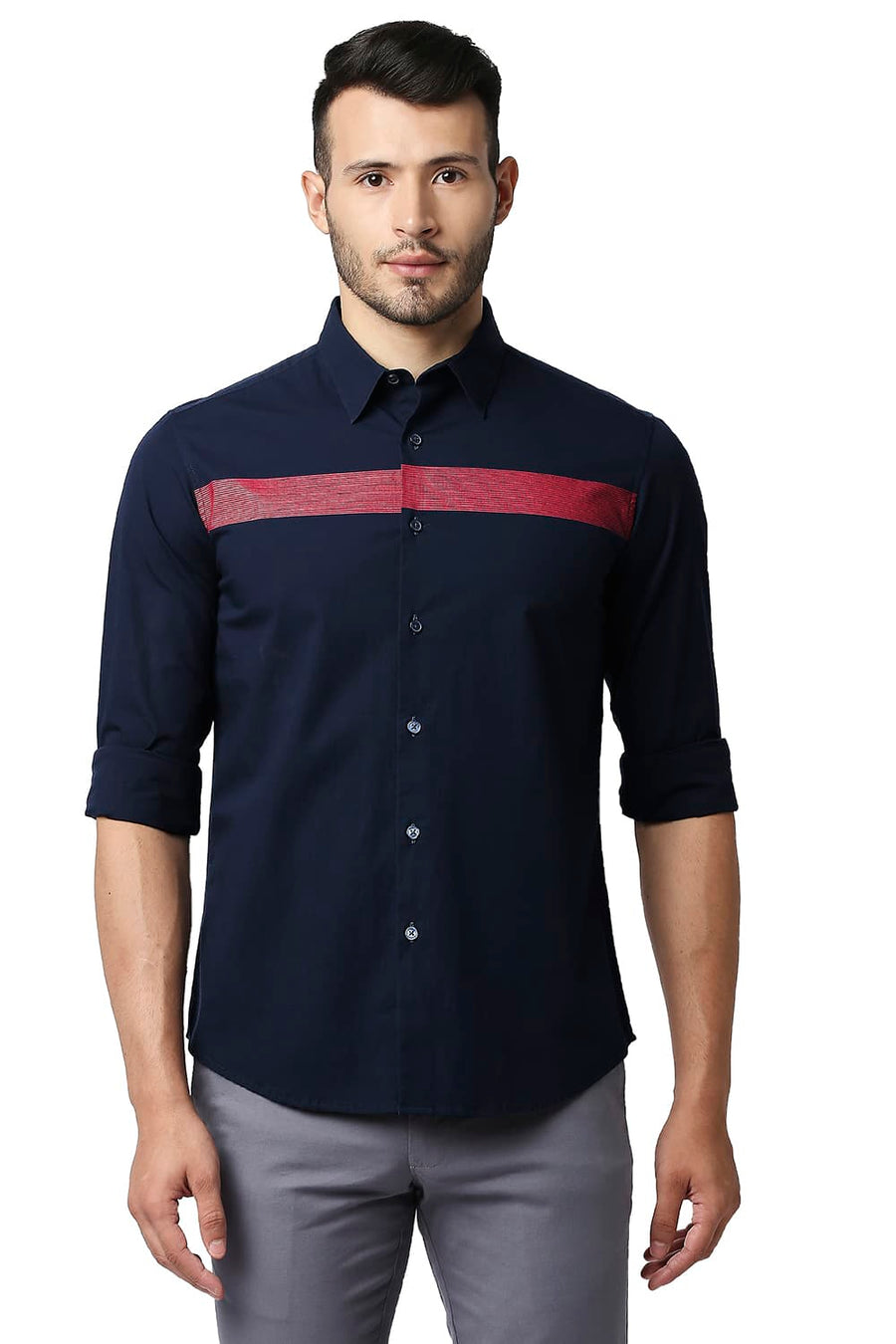 BASICS SLIM FIT NAVY NIGHTS POPLIN STRETCH STRIPE SHIRT