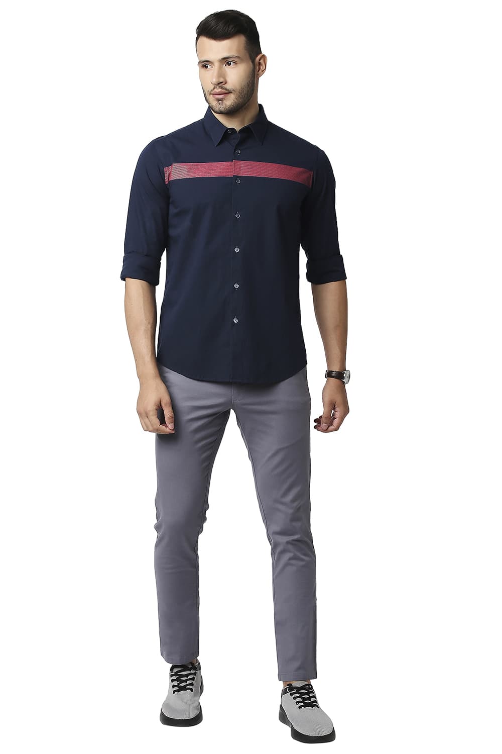 BASICS SLIM FIT POPLIN STRETCH STRIPE SHIRT