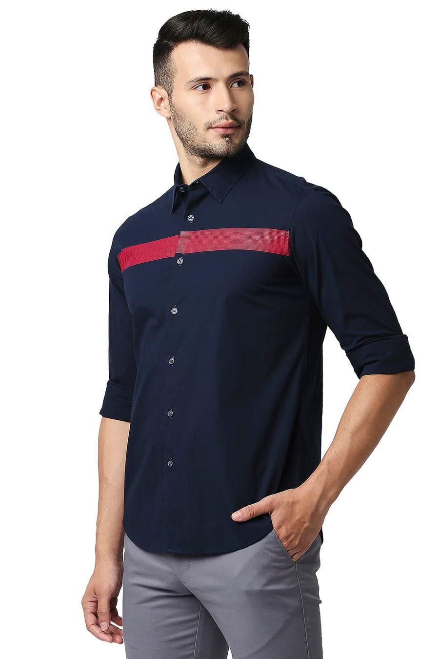BASICS SLIM FIT NAVY NIGHTS POPLIN STRETCH STRIPE SHIRT