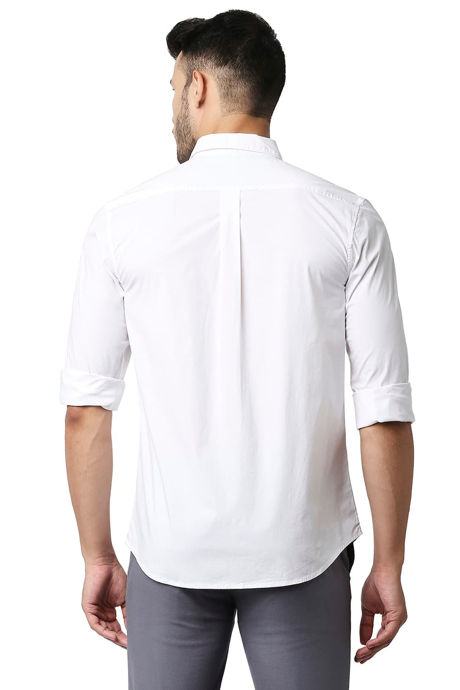 BASICS SLIM FIT BRIGHT WHITE POPLIN STRETCH STRIPE SHIRT