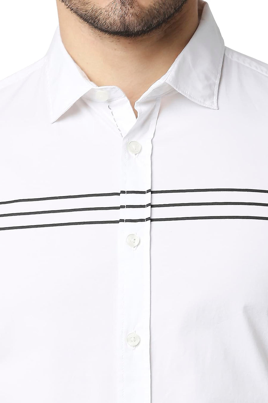 BASICS SLIM FIT BRIGHT WHITE POPLIN STRETCH STRIPE SHIRT