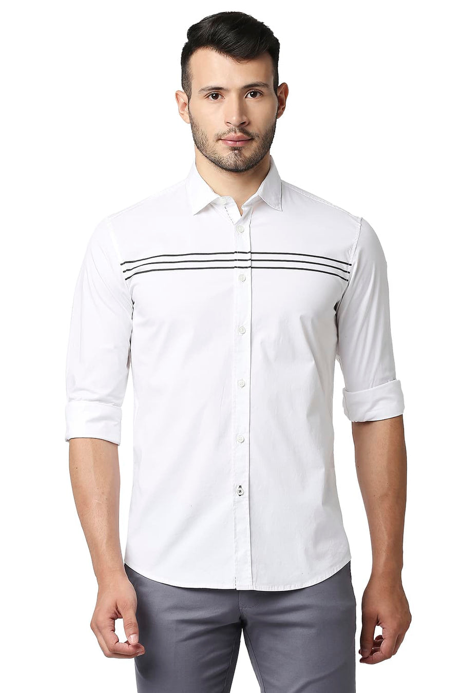 BASICS SLIM FIT BRIGHT WHITE POPLIN STRETCH STRIPE SHIRT