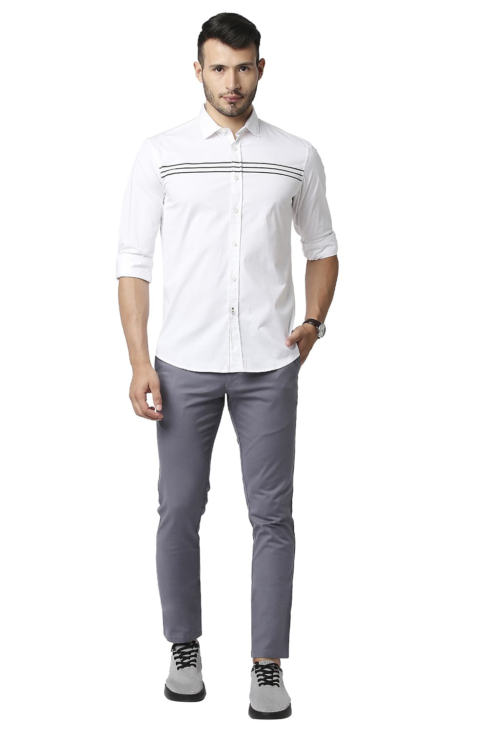 BASICS SLIM FIT POPLIN STRETCH STRIPE SHIRT