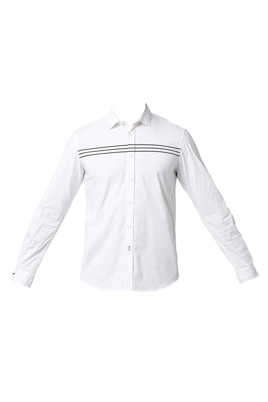 BASICS SLIM FIT BRIGHT WHITE POPLIN STRETCH STRIPE SHIRT