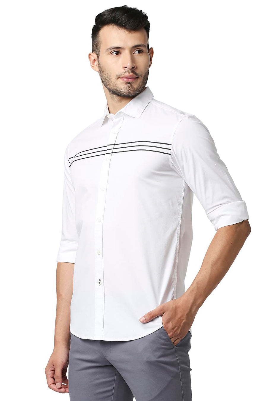 BASICS SLIM FIT BRIGHT WHITE POPLIN STRETCH STRIPE SHIRT