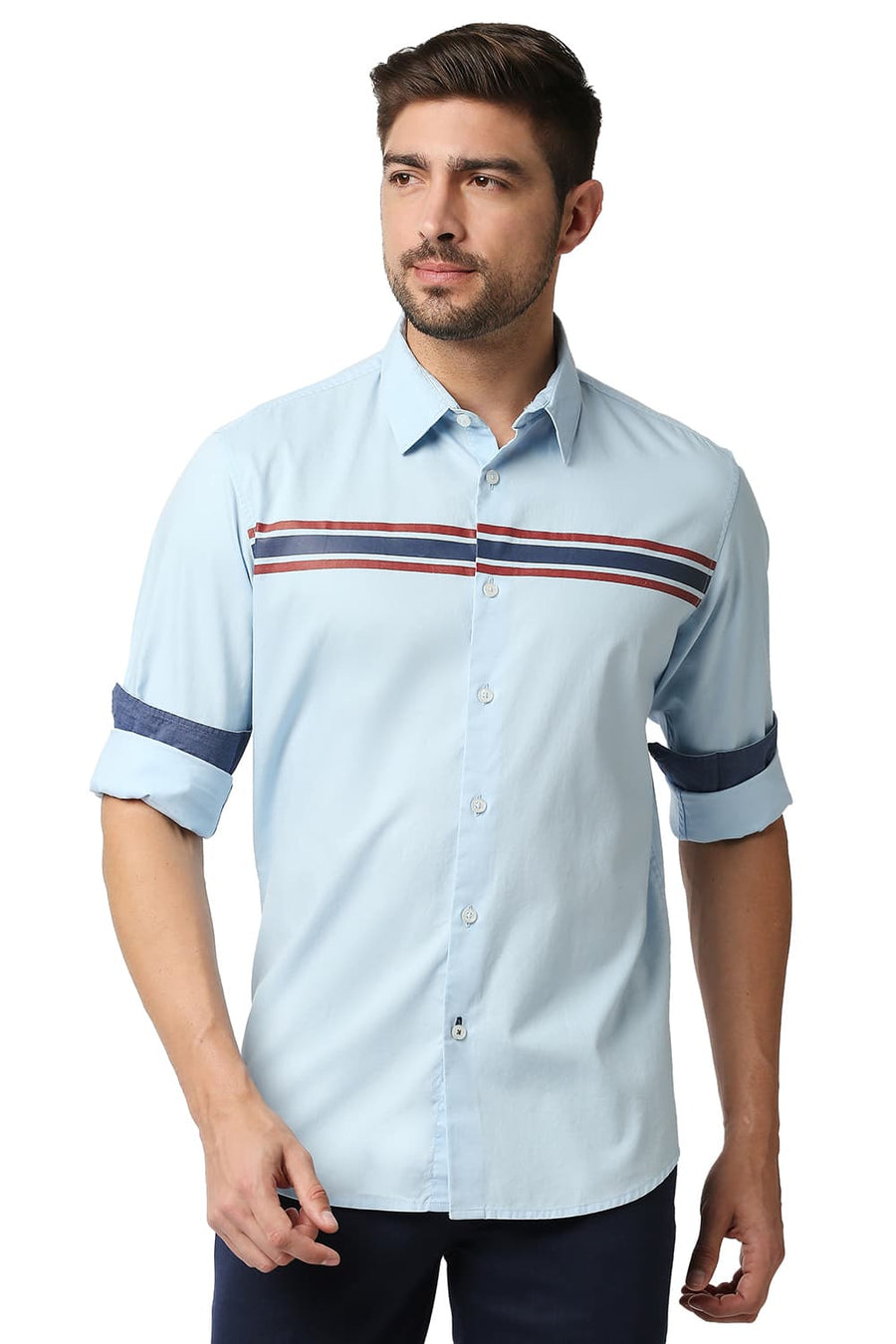 BASICS SLIM FIT BLUE SKY OXFORD STRIPE SHIRT