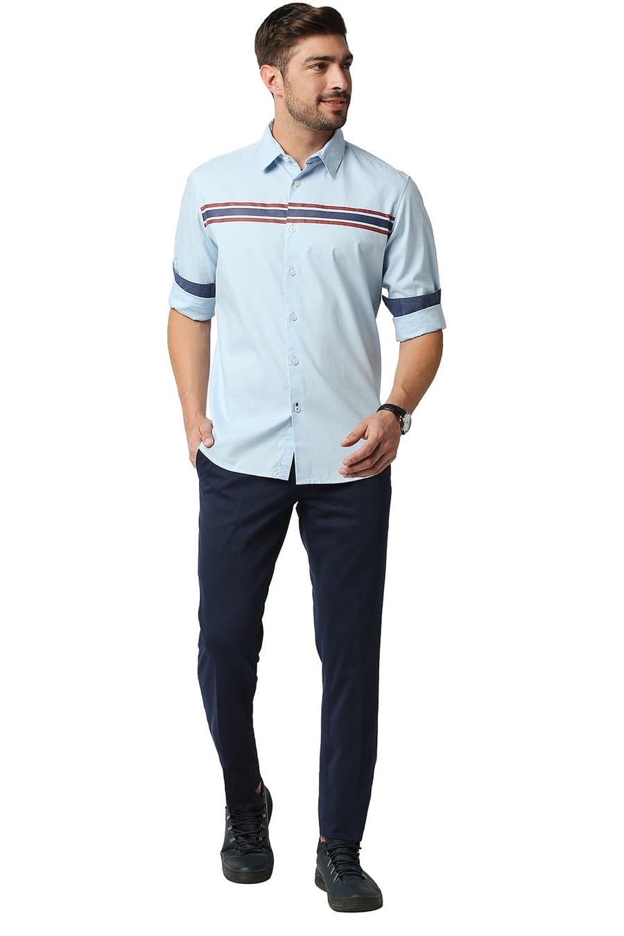 BASICS SLIM FIT BLUE SKY OXFORD STRIPE SHIRT