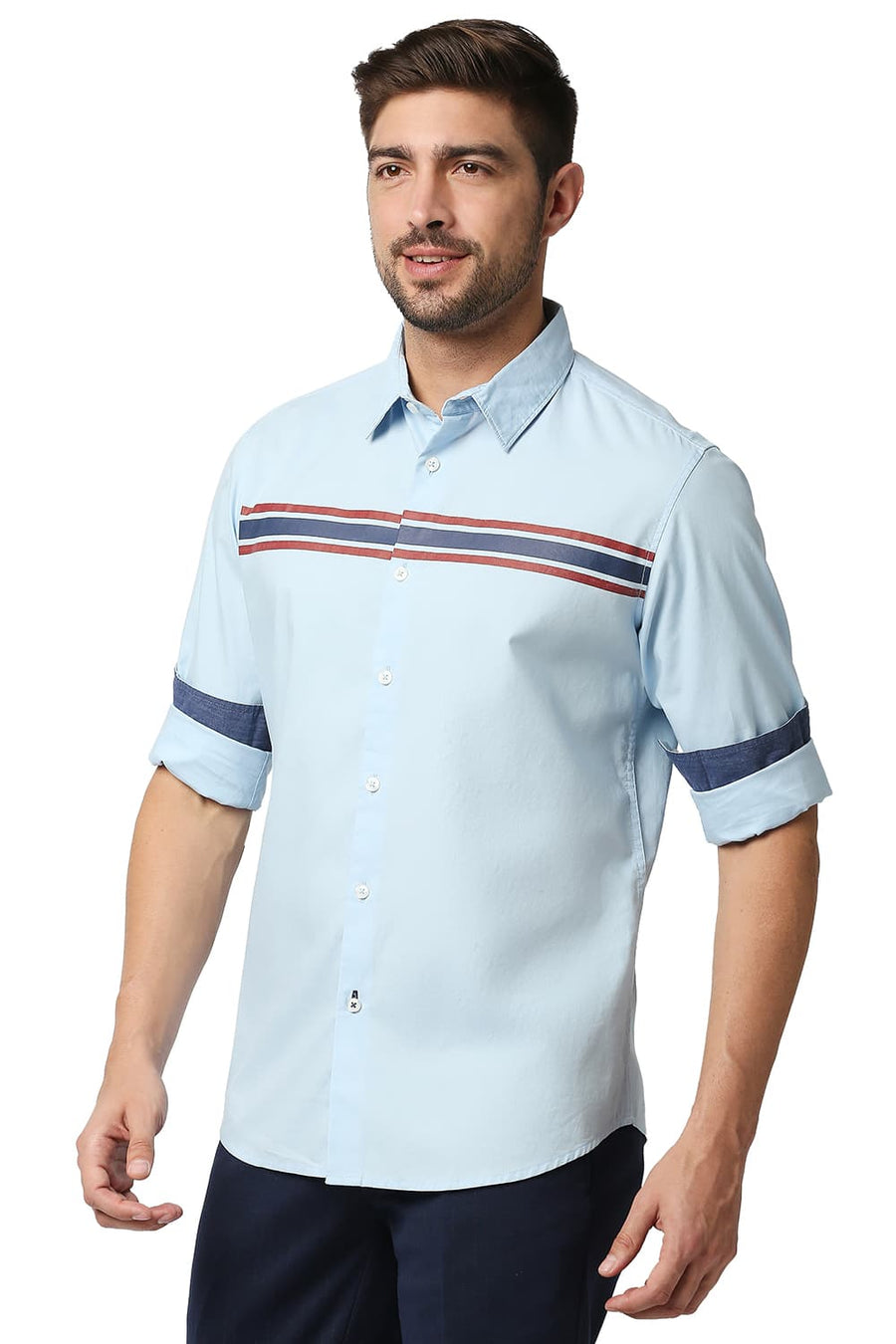 BASICS SLIM FIT BLUE SKY OXFORD STRIPE SHIRT