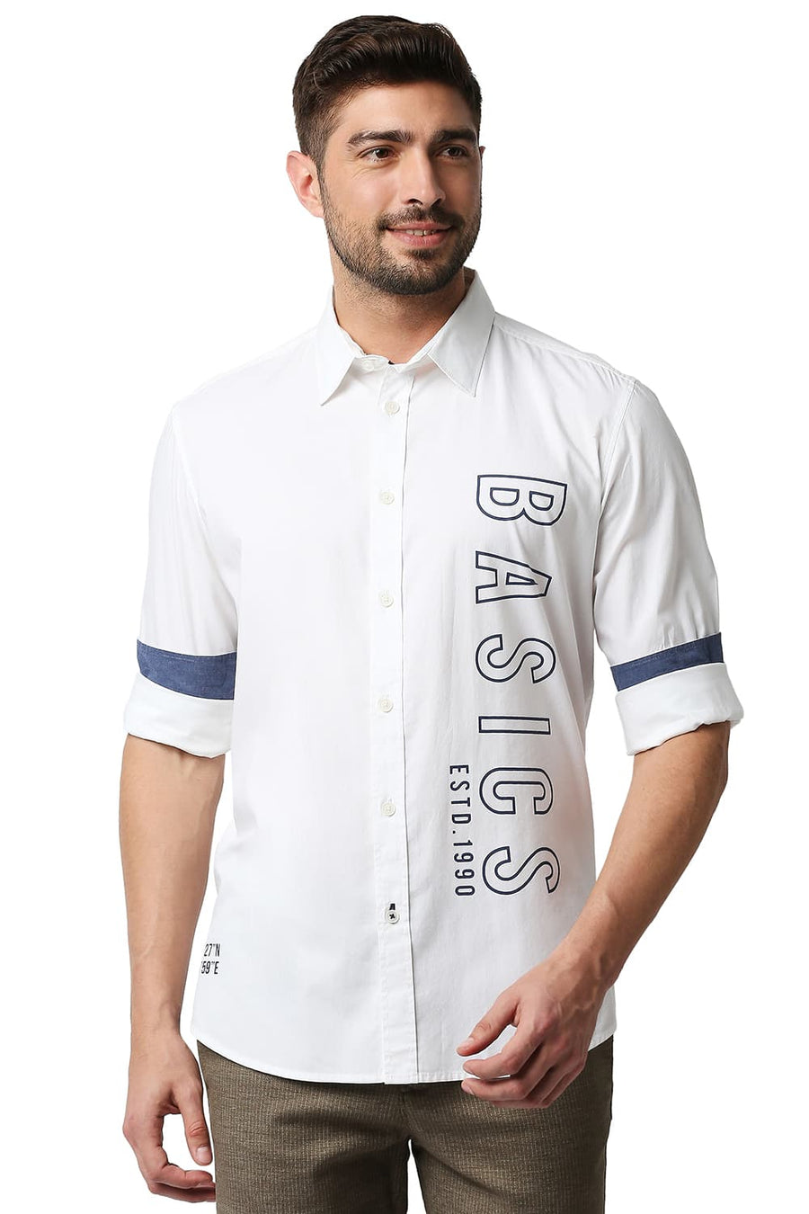 BASICS SLIM FIT BRIGHT WHITE OXFORD PRINTED SHIRT