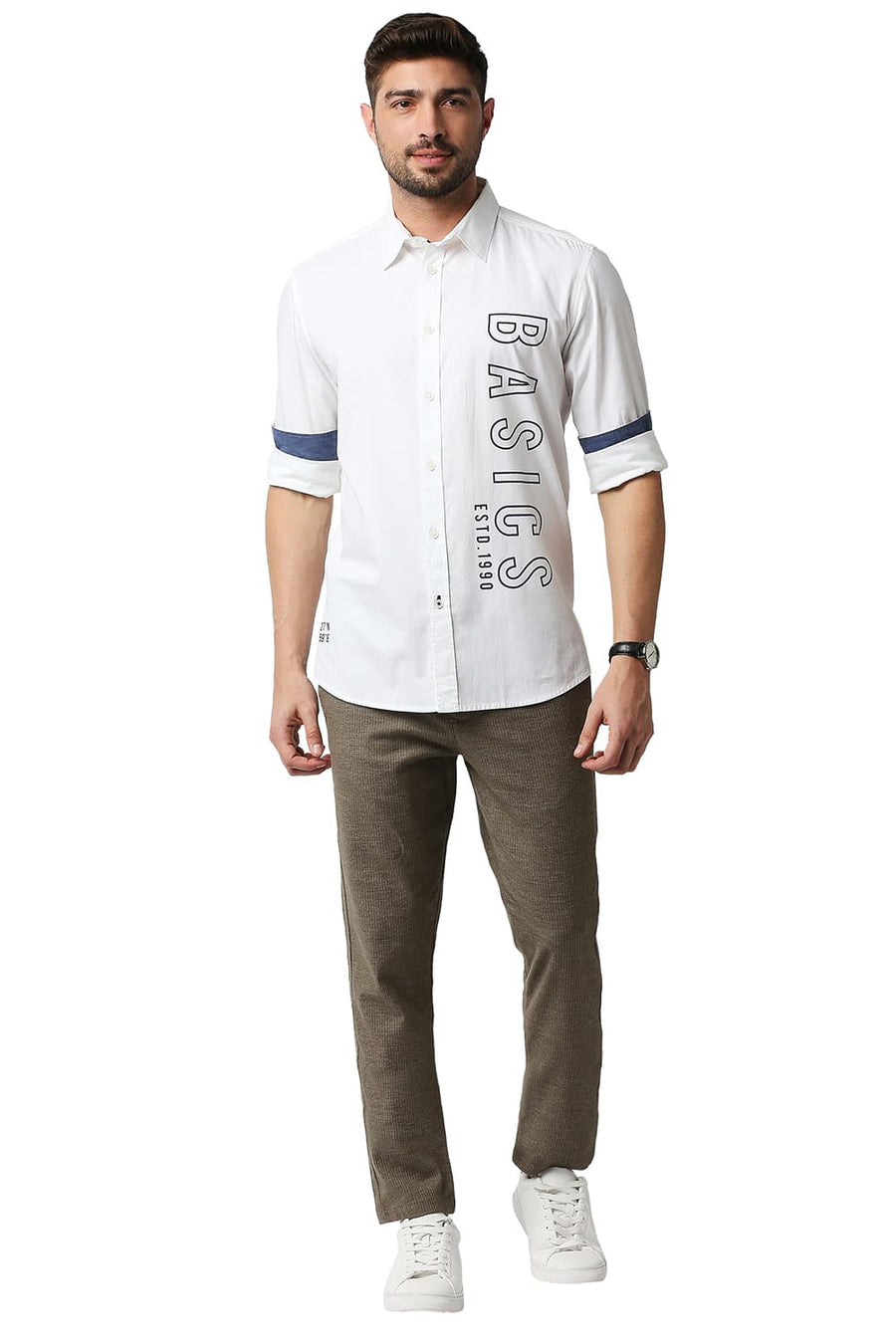 BASICS SLIM FIT BRIGHT WHITE OXFORD PRINTED SHIRT