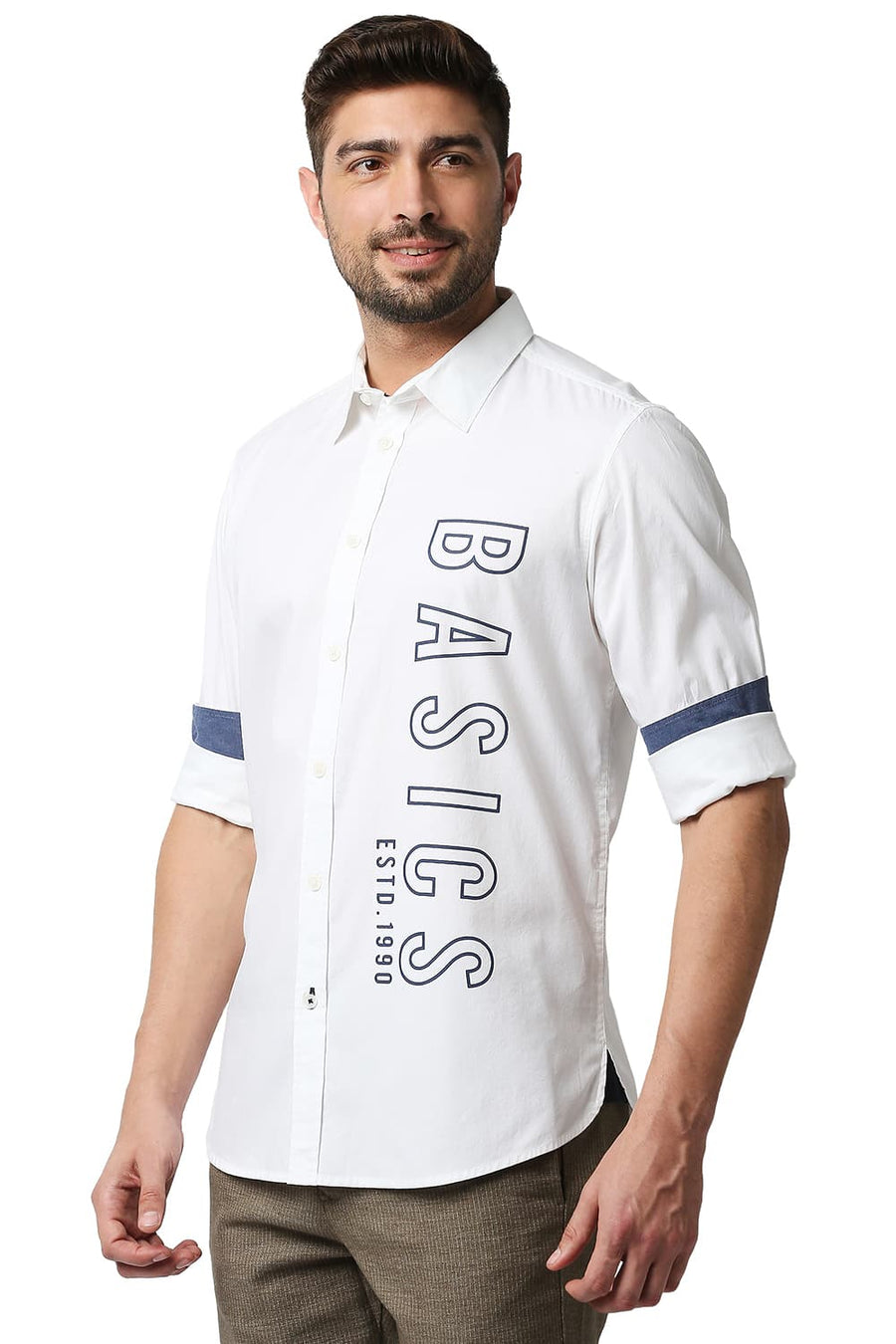BASICS SLIM FIT BRIGHT WHITE OXFORD PRINTED SHIRT