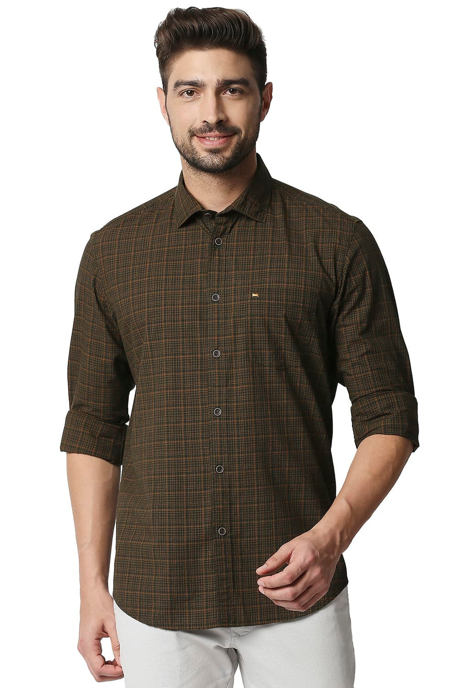 BASICS SLIM FIT LEAF OLIVE CHECKS SHIRT