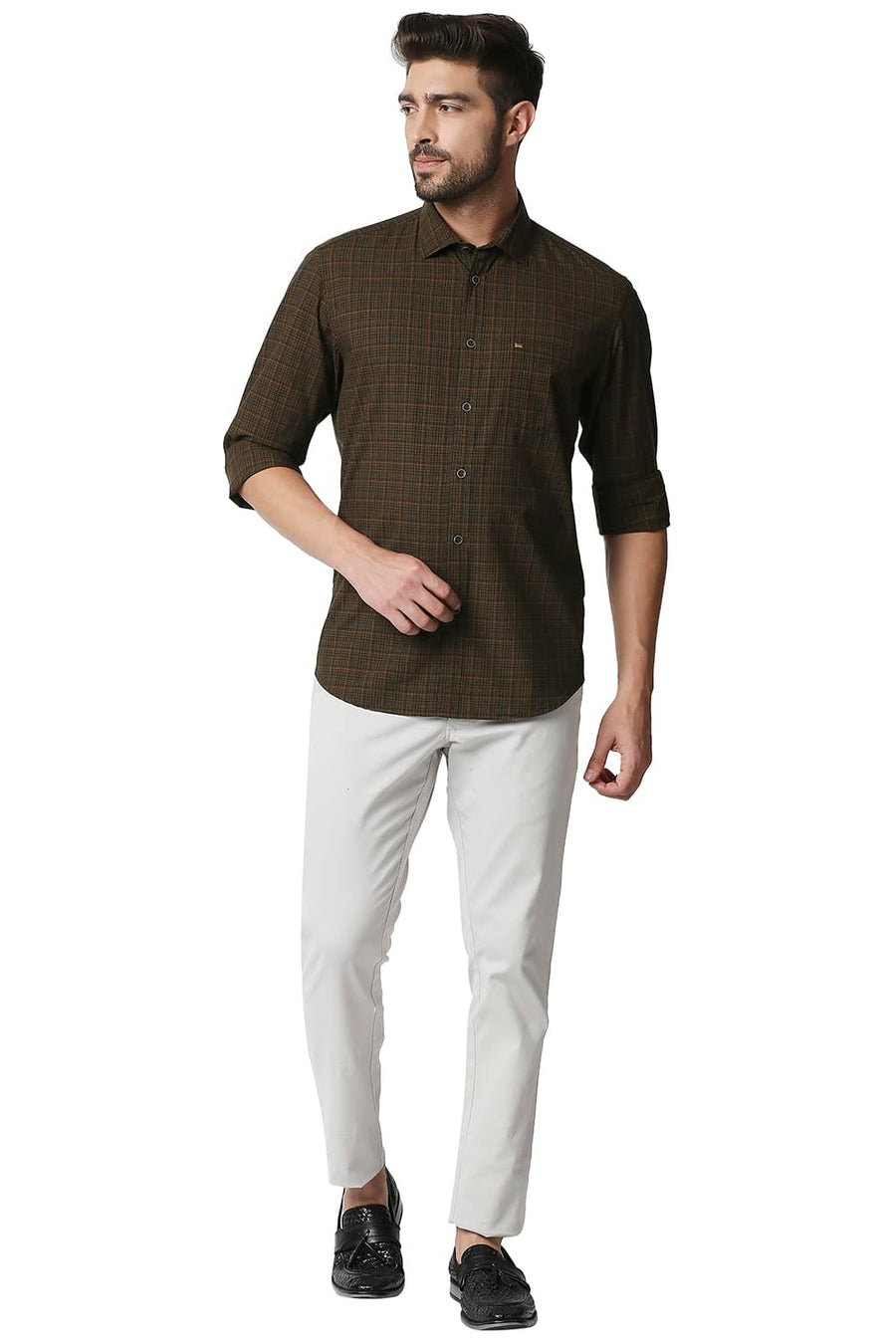 BASICS SLIM FIT LEAF OLIVE CHECKS SHIRT