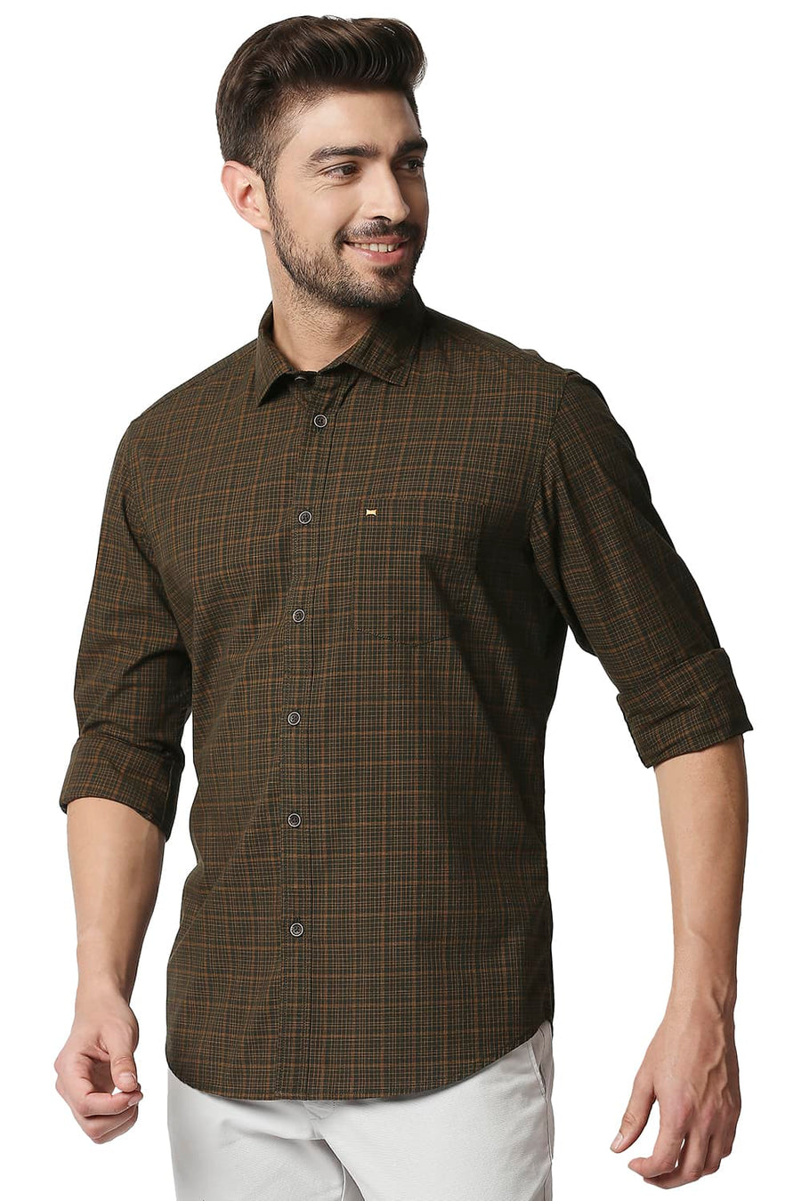 BASICS SLIM FIT LEAF OLIVE CHECKS SHIRT