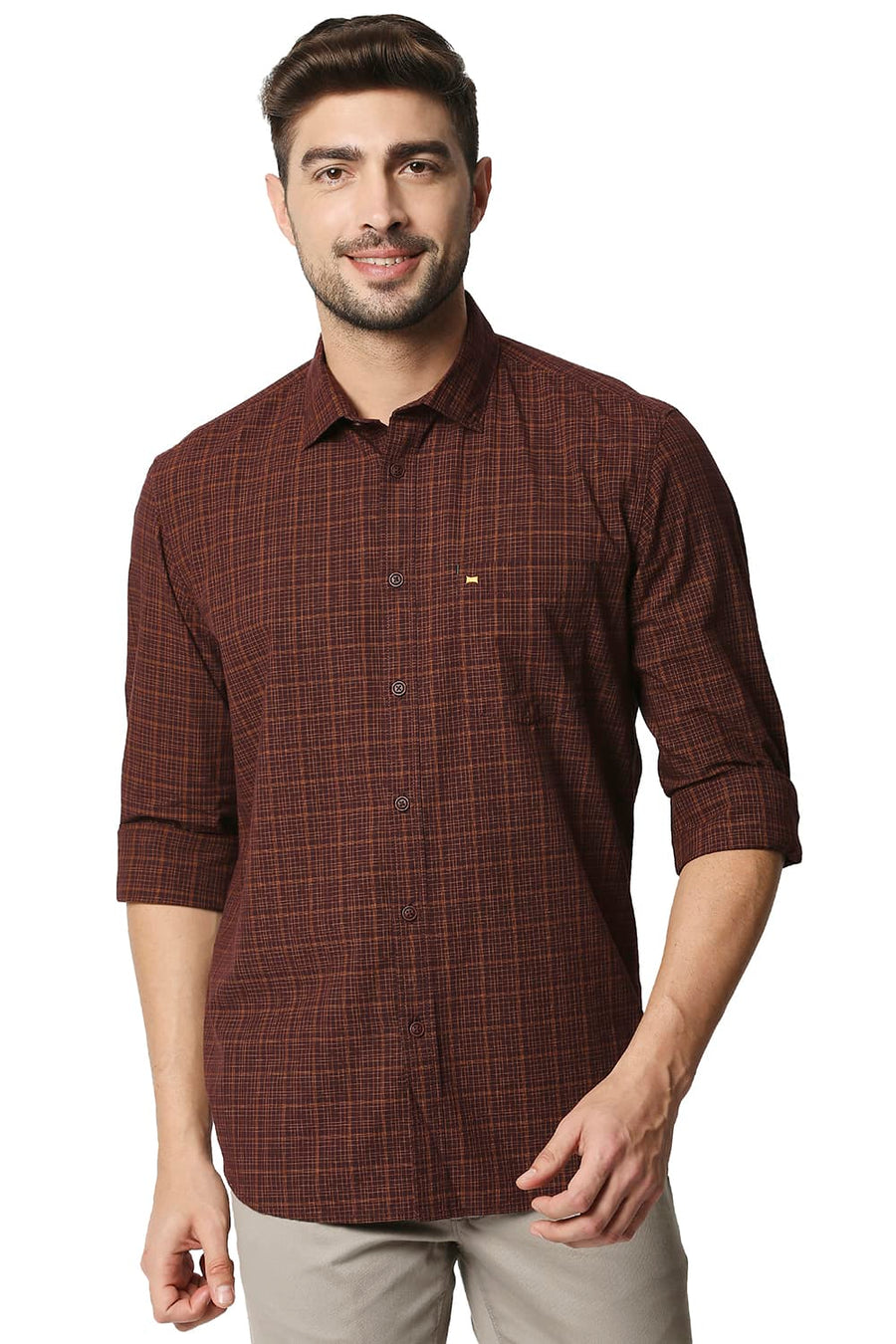 BASICS SLIM FIT FIG BROWN CHECKS SHIRT