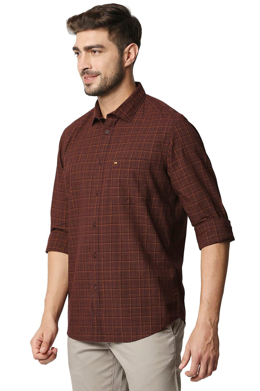BASICS SLIM FIT FIG BROWN CHECKS SHIRT