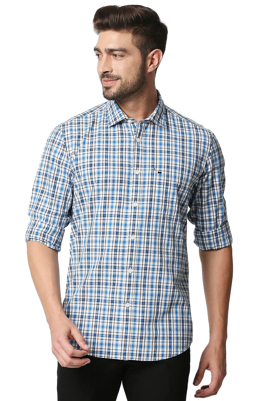 BASICS SLIM FIT DRESDEN BLUE CHECKS SHIRT